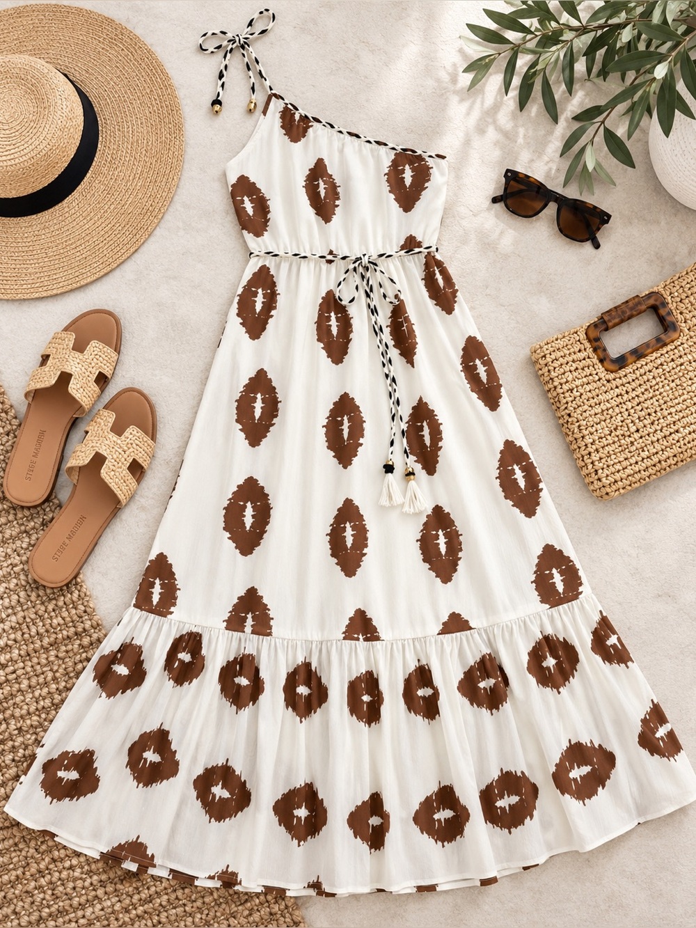 PRETTYGARDEN One Shoulder Maxi Dress L Brown White Boho Vacation NWT